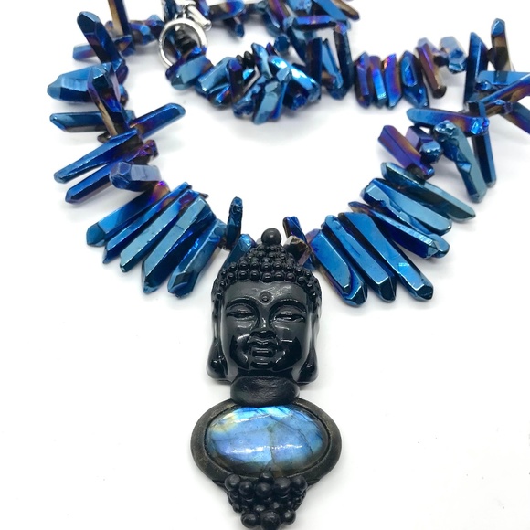Statement Piece Art to Wear Buddha with Labradorite and Aqua Aura crystals. - Picture 2 of 5